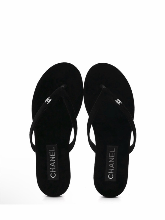 CHANEL Shoes - Chanel Black Suede Logo Flip Flops size 38